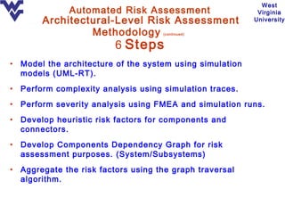 West
               Automated Risk Assessment                     Virginia
         Architectural-Level Risk Assessment                University

                  Methodology         (continued)


                           6 Steps
•   Model the architecture of the system using simulation
    models (UML-RT).
•   Perform complexity analysis using simulation traces.
•   Perform severity analysis using FMEA and simulation runs.
•   Develop heuristic risk factors for components and
    connectors.
•   Develop Components Dependency Graph for risk
    assessment purposes. (System/Subsystems)
•   Aggregate the risk factors using the graph traversal
    algorithm.
 