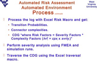 Automated Risk Assessment                      West
                                                           Virginia

              Automated Environment                       University


                     Process        (continued)



   Process the log with Excel Risk Macro and get:
    • Transition Probabilities.
    • Connector complexities.
    •   CDG “where Risk Factors = Severity Factors *
        Complexity Factors ( hrf i = cpx i x svrty i )”

 Perform severity analysis using FMEA and
  simulation runs.
 Traverse the CDG using the Excel traversal
  macro.
 