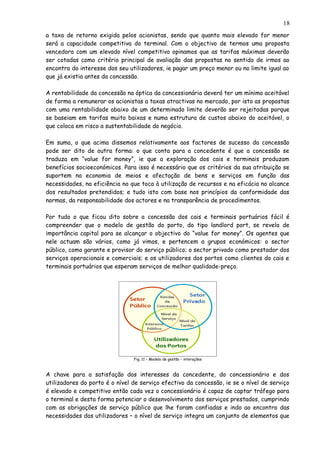 a taxa de retorno exigida pelos acionistas, sendo que quanto mais elevado for menor
será a capacidade competitiva do terminal. Com o objectivo de termos uma proposta
vencedora com um elevado nível competitivo opinamos que as tarifas máximas deverão
ser cotadas como critério principal de avaliação das propostas no sentido de irmos ao
encontro do interesse dos seu utilizadores, ie pagar um preço menor ou no limite igual ao
que já existia antes da concessão.
A rentabilidade da concessão na óptica da concessionária deverá ter um mínimo aceitável
de forma a remunerar os acionistas a taxas atractivas no mercado, por isto as propostas
com uma rentabilidade abaixo de um determinado limite deverão ser rejeitadas porque
se baseiam em tarifas muito baixas e numa estrutura de custos abaixo do aceitável, o
que coloca em risco a sustentabilidade do negócio.
Em suma, o que acima dissemos relativamente aos factores de sucesso da concessão
pode ser dito de outra forma: o que conta para a concedente é que a concessão se
traduza em “value for money”, ie que a exploração dos cais e terminais produzam
benefícios socioeconómicos. Para isso é necessário que os critérios da sua atribuição se
suportem na economia de meios e afectação de bens e serviços em função das
necessidades, na eficiência no que toca à utilização de recursos e na eficácia no alcance
dos resultados pretendidos; e tudo isto com base nos princípios da conformidade das
normas, da responsabilidade dos actores e na transparência de procedimentos.
Por tudo o que ficou dito sobre a concessão dos cais e terminais portuários fácil é
compreender que o modelo de gestão do porto, do tipo landlord port, se revela de
importância capital para se alcançar o objectivo do “value for money”. Os agentes que
nele actuam são vários, como já vimos, e pertencem a grupos económicos: o sector
público, como garante e provisor do serviço público; o sector privado como prestador dos
serviços operacionais e comerciais; e os utilizadores dos portos como clientes do cais e
terminais portuários que esperam serviços de melhor qualidade-preço.
Fig. 11 – Modelo de gestão – interações
A chave para a satisfação dos interesses da concedente, do concessionário e dos
utilizadores do porto é o nível de serviço efectivo da concessão, ie se o nível de serviço
é elevado e competitivo então cada vez o concessionário é capaz de captar tráfego para
o terminal e desta forma potenciar o desenvolvimento dos serviços prestados, cumprindo
com as obrigações de serviço público que lhe foram confiadas e indo ao encontro das
necessidades dos utilizadores – o nível de serviço integra um conjunto de elementos que
18
 