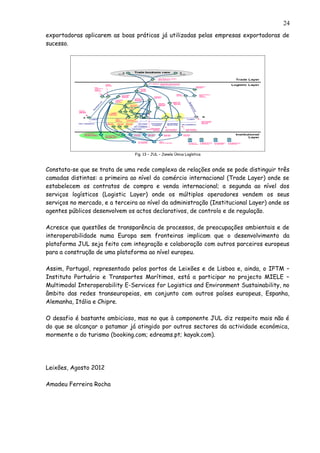 exportadoras aplicarem as boas práticas já utilizadas pelas empresas exportadoras de
sucesso.
Fig. 13 – JUL – Janela Única Logística
Constata-se que se trata de uma rede complexa de relações onde se pode distinguir três
camadas distintas: a primeira ao nível do comércio internacional (Trade Layer) onde se
estabelecem os contratos de compra e venda internacional; a segunda ao nível dos
serviços logísticos (Logistic Layer) onde os múltiplos operadores vendem os seus
serviços no mercado, e a terceira ao nível da administração (Institucional Layer) onde os
agentes públicos desenvolvem os actos declarativos, de controlo e de regulação.
Acresce que questões de transparência de processos, de preocupações ambientais e de
interoperabilidade numa Europa sem fronteiras implicam que o desenvolvimento da
plataforma JUL seja feito com integração e colaboração com outros parceiros europeus
para a construção de uma plataforma ao nível europeu.
Assim, Portugal, representado pelos portos de Leixões e de Lisboa e, ainda, o IPTM –
Instituto Portuário e Transportes Marítimos, está a participar no projecto MIELE –
Multimodal Interoperability E-Services for Logistics and Environment Sustainability, no
âmbito das redes transeuropeias, em conjunto com outros países europeus, Espanha,
Alemanha, Itália e Chipre.
O desafio é bastante ambicioso, mas no que à componente JUL diz respeito mais não é
do que se alcançar o patamar já atingido por outros sectores da actividade económica,
mormente o do turismo (booking.com; edreams.pt; kayak.com).
Leixões, Agosto 2012
Amadeu Ferreira Rocha
24
 