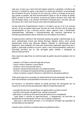 cada caso, se bem, que a meta final será sempre aumentar a qualidade e eficiência dos
serviços e a redução de custos, o que significa o mesmo que satisfazer as necessidades
dos utilizadores do porto. É preciso ter em conta que o êxito ou fracasso de um porto,
seja grande ou pequeno, não está necessariamente ligado ao tipo de modelo de gestão,
público, privado ou misto. No entanto, os portos que estão na primeira linha todos têm
uma estratégia comum, a de estarem fortemente orientados para o mercado, pelo que
esta parece ser a meta final da maioria das reestruturações portuárias.
Um dos objectivos frequentemente fixado é a eficiência, que por si só é um conceito
estreito, já que se podem proporcionar serviços de forma eficiente mas às vezes não
necessariamente os que o mercado procura. Assim, aspectos como a flexibilidade,
responsabilidade, fiabilidade e interoperabilidade são requisitos importantes do
mercado que possivelmente não se reflectem com clarividência na eficiência.
O mundo portuário identifica três diferentes modelos de gestão e administração de um
porto: administração directa pelo Estado (Portugal, Espanha, Grécia, entre outros)
administração directa pelo Município (Bélgica, Holanda) ou administração privada
(Inglaterra, Nova Zelândia). Em todos eles encontramos organismos específicos para a
gestão e exploração económica do porto, sendo o mais internacionalmente conhecido a
autoridade portuária que no caso português ganha também a designação de
administração portuária.
Como objectivos específicos da reestruturação da gestão dos portos podemos citar os
seguintes:
- aumentar a eficiência e diversificação dos serviços;
- reduzir custos e fomentar a concorrência;
- promover o porto num mercado aberto;
- promover recursos financeiros para o seu desenvolvimento;
- facilitar a introdução de modernos métodos de gestão empresarial;
- reduzir ao máximo o suporte financeiro e administrativo dos poderes públicos.
Todos estes objectivos, que podem ser desenvolvidos de forma escalonada, têm como
meta final satisfazer as necessidades do mercado e por tanto dos clientes.
Na literatura, os diferentes modelos de gestão portuária são distinguidos por um
conjunto de características que passa pela resposta às questões seguintes:
- a provisão dos serviços é garantida por um agente público, privado ou misto?
- a gestão é exercida por um agente local, regional ou nacional?
- quem possui e controla as infra-estruturas portuárias (cais e terraplenos)?
- quem possui e controla as supra-estruturas e equipamentos, em particular os
equipamentos de movimentação vertical e dos armazéns e depósitos?
- quem gere a mão-de-obra portuária, ie os estivadores utilizados nas operações de
movimentação de mercadorias?
O quadro abaixo identifica os modelos básicos de gestão portuária:
6
 