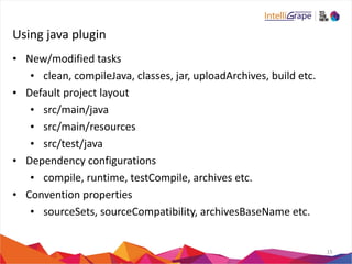Using 
java 
plugin 
• New/modified 
tasks 
• clean, 
compileJava, 
classes, 
jar, 
uploadArchives, 
build 
etc. 
• Default 
project 
layout 
• src/main/java 
• src/main/resources 
• src/test/java 
• Dependency 
configurations 
• compile, 
runtime, 
testCompile, 
archives 
etc. 
• Convention 
properties 
• sourceSets, 
sourceCompatibility, 
archivesBaseName 
etc. 
15 
 