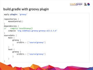build.gradle 
with 
groovy 
plugin 
apply 
plugin: 
'groovy' 
repositories 
{ 
mavenCentral() 
} 
dependencies 
{ 
// 
compile 
localGroovy() 
compile 
'org.codehaus.groovy:groovy-­‐all:2.3.6' 
} 
sourceSets 
{ 
main 
{ 
groovy 
{ 
srcDirs 
= 
['source/groovy'] 
} 
} 
test 
{ 
groovy 
{ 
srcDirs 
= 
['source/groovy'] 
} 
} 
} 
 
