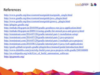 References 
29 
http://www.gradle.org/docs/current/userguide/userguide_single.html 
http://www.gradle.org/docs/current/userguide/java_plugin.html 
http://www.gradle.org/docs/current/userguide/groovy_plugin.html 
http://plugins.gradle.org/ 
http://mrhaki.blogspot.in/2010/09/gradle-goodness-run-java-application.html 
http://mrhaki.blogspot.in/2009/11/using-gradle-for-mixed-java-and-groovy.html 
http://rominirani.com/2014/07/28/gradle-tutorial-part-1-installation-setup/ 
http://rominirani.com/2014/07/28/gradle-tutorial-part-2-java-projects/ 
http://rominirani.com/2014/07/29/gradle-tutorial-part-3-multiple-java-projects/ 
http://rominirani.com/2014/08/12/gradle-tutorial-part-4-java-web-applications/ 
http://grails.github.io/grails-gradle-plugin/docs/manual/guide/introduction.html 
http://www.drdobbs.com/jvm/why-build-your-java-projects-with-gradle/240168608 
http://en.wikipedia.org/wiki/List_of_build_automation_software 
http://pygments.org/ 
