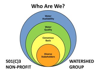Who Are We?
501(C)3
NON-PROFIT
WATERSHED
GROUP
Water
Availability
Water
Quality
Consensus
Basis
Diverse
Stakeholders
 