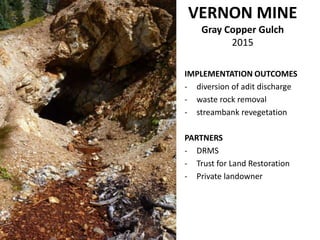VERNON MINE
Gray Copper Gulch
2015
IMPLEMENTATION OUTCOMES
- diversion of adit discharge
- waste rock removal
- streambank revegetation
PARTNERS
- DRMS
- Trust for Land Restoration
- Private landowner
 