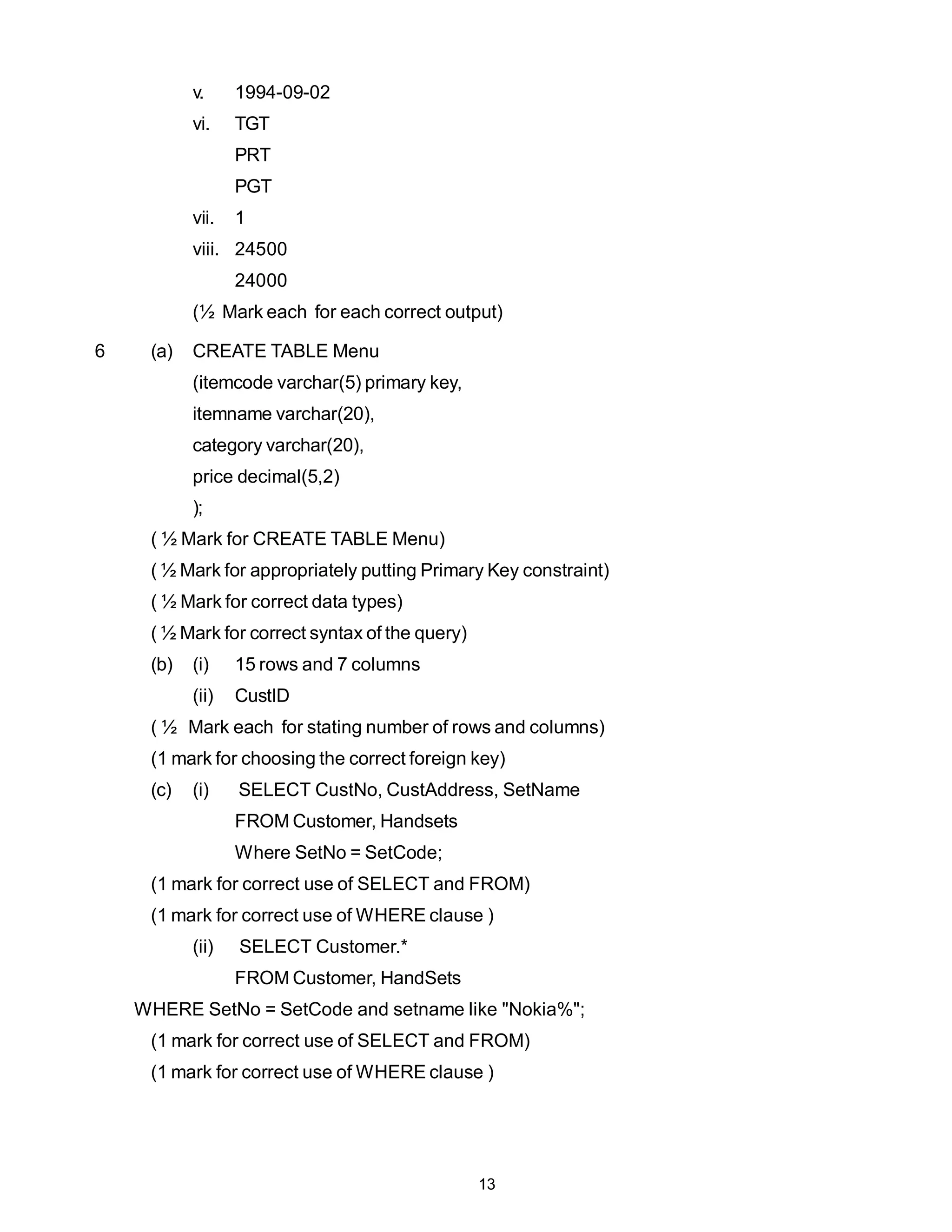 v.     1994-09-02
           vi.    TGT
                  PRT
                  PGT
           vii.   1
           viii. 24500
                  24000
           (½ Mark each for each correct output)

6    (a)   CREATE TABLE Menu
           (itemcode varchar(5) primary key,
           itemname varchar(20),
           category varchar(20),
           price decimal(5,2)
           );
     ( ½ Mark for CREATE TABLE Menu)
     ( ½ Mark for appropriately putting Primary Key constraint)
     ( ½ Mark for correct data types)
     ( ½ Mark for correct syntax of the query)
     (b)   (i)    15 rows and 7 columns
           (ii)   CustID
     ( ½ Mark each for stating number of rows and columns)
     (1 mark for choosing the correct foreign key)
     (c)   (i)    SELECT CustNo, CustAddress, SetName
                  FROM Customer, Handsets
                  Where SetNo = SetCode;
     (1 mark for correct use of SELECT and FROM)
     (1 mark for correct use of WHERE clause )
           (ii)   SELECT Customer.*
                  FROM Customer, HandSets
    WHERE SetNo = SetCode and setname like "Nokia%";
     (1 mark for correct use of SELECT and FROM)
     (1 mark for correct use of WHERE clause )




                                                 13
 