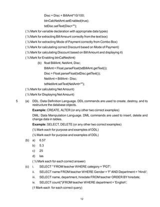 Disc = Disc + BillAmt*10/100;
                        btnCalcNetAmt.setEnabled(true);
                        txtDisc.setText(Disc+"");
    ( ½ Mark for variable declaration with appropriate data types)
    ( ½ Mark for extracting Bill Amount correctly from the text box)
    ( ½ Mark for extracting Mode of Payment correctly from Combo Box)
    ( ½ Mark for calculating correct Discount based on Mode of Payment)
    ( ½ Mark for calculating Discount based on Bill Amount and displaying it)
    ( ½ Mark for Enabling btnCalNetAmt)
                 (b) float BillAmt, NetAmt, Disc;
                        BillAmt = Float.parseFloat(txtBillAmt.getText());
                        Disc = Float.parseFloat(txtDisc.getText());
                        NetAmt = BillAmt - Disc;
                        txtNetAmt.setText(NetAmt+"");
    ( ½ Mark for calculating Net Amount)
    ( ½ Mark for Displaying Net Amount)

5   (a)   DDL: Data Definition Language. DDL commands are used to create, destroy, and to
          restructure the database objects.
          Example: CREATE, ALTER (or any other two correct examples)
          DML: Data Manipulation Language. DML commands are used to insert, delete and
          change data in tables.
          Example: SELECT, DELETE (or any other two correct examples)
          (½ Mark each for purpose and examples of DDL)
          (½ Mark each for purpose and examples of DDL)
    (b)   a)      6.57
          b)      5.3
          c)      25
          d)      las
          ( ½ Mark each for each correct answer)
    (c)   i.      SELECT * FROM teacher WHERE category = 'PGT';
          ii.     SELECT name FROM teacher WHERE Gender = 'F' AND Department = 'Hindi';
          iii.    SELECT name, department, hiredate FROM teacher ORDER BY hiredate;
          iv.     SELECT count(*)FROM teacher WHERE department = 'English';
          (1 Mark each for each correct query)


                                                    12
 