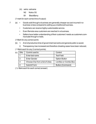 (iii) setno setname
                N2      Nokia 3G
                B1      BlackBerry
    (1 mark for each correct line of output)

7   (a)   •    Goods sold through e-business are generally cheaper as cost incurred in e-
               business is less compared to setting up a traditional business.
          •    Customers can receive highly customizable service.
          •    Even Remote area customers are reached in e-business.
          •    Sellers have better understanding of their customers' needs as customers com-
               municate through e-mails.
    (1 Mark for any correct point)
    (b)   1.   A lot of productive time of government servants and general public is saved.
          2.   Transparency has increased and therefore cheating cases have been reduced.
    ( 1 Mark each for any 2 correct points)
    (c)   SNo        Control used to:                    Control
          1          Enter last name                     Text Field
          2          Enter Gender                        Option Button
          3          Choose City from a list of cities   List Box or Combo Box
          4          Submit Form                         Button (Command)
    ( ½ Mark each for each correct answer)




                                                 14
 