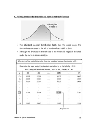 A. Finding areas under the standard normal distribution curve
• The standard normal distribution table lists the areas under the
standard normal curve to the left of z-values from –3.49 to 3.49.
• Although the z-values on the left side of the mean are negative, the area
under the curve is always positive.
Determine the area under the standard normal curve to the left of z = 1.95
Chapter 5: Special Distributions 16
How to read the probability value from the standard normal distribution table
 