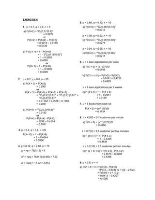 EXERCISE 6
1. p = 0.1, q = 0.9, n = 5
a) P(X=2) = 5
C2(0.1)2
(0.9)3
= 0.0729
or
P(X=2) = P(X≤2) – P(X≤1)
= 0.9914 – 0.9188
= 0.0729
b) P (X ≥ 1) = 1 – P(X=0)
= 1 – [5
C0(0.1)0
(0.9)5
]
= 1 – 0.5905
= 0.4095
or
P(X≥ 1) = 1 – P(X≤0)
= 1 – 0.5905
= 0.4095
2. p = 0.2, q = 0.8, n = 20
a) P(X < 3) = P(X≤2)
= 0.2061
or
P(X < 3) = P(X=0) + P(X=1) + P(X=2)
= 20
C0(0.2)0
(0.8)20
+ 20
C1(0.2)1
(0.8)19
+
20
C2(0.2)2
(0.8)18
= 0.01152 + 0.0576 + 0.1369
= 0.2061
b) P(X=4) = 20
C4(0.2)4
(0.8)16
= 0.2182
or
P(X=4) = P(X≤4) - P(X≤3)
= 6296 – 0.4114
= 0.2061
3. p = 0.4, q = 0.6, n =20
P(X>10) = 1 – P(X≤9)
= 1 – 0.4044
= 0.5956
4. p = 0.12, q = 0.88, n = 75
µ = np = 75(0.12) = 9
σ2
= npq = 75(0.12)(0.88) = 7.92
σ = √npq = √7.92 = 2.814
5. p = 0.88, q = 0.12, n = 16
a) P(X=9) = 16
C9(0.88)9
(0.12)7
= 0.0013
p = 0.08, q = 0.92, n = 16
b) P(X=4) = 16
C4(0.08)4
(0.92)12
= 0.0274
p = 0.04, q = 0.96, n = 16
c) P(X=3) = 16
C3(0.04)3
(0.96)13
= 0.0211
6. λ = 3 loan applications per week
a) P(X = 0) = (e-3
(3)0
)/0!
= 0.0498
b) P(2 ≤ z ≤ 5) = P(X≤5) - P(X≤2)
= 0.9161 – 0.4232
= 0.4929
λ = 6 loan applications per 2 weeks
c) P (X ≥ 5) = 1 - P(X ≤ 4)
= 1 – 0.2851
= 0.7149
7. λ = 5 books from each lot
P(X = 5) = (e-5
(5)5
)/5!
= 0.1754
8. λ = 42/60 = 0.7 customer per minute
a) P(X = 0) = (e-0.7
(0.7)0
)/0!
= 0.4966
λ = 0.7(5) = 3.5 customer per five minutes
b) P (X ≥ 4) = 1 - P(X ≤ 3)
= 1 – 0.5366
= 0.4634
λ = 0.7(10) = 3.5 customer per ten minutes
c) P (2 < X < 6) = P(X ≤ 5) - P(X ≤ 2)
= 0.8576 – 0.3208
= 0.5368
9. μ = 2.8, σ = 4
a) P(2 < X < 3) =P(X<3) - P(X<2)
=P[((3 – 2.8)/4) <z < ((2 – 2.8)/4]
= P(0.05 < z < -0.2)
= 0.8413 – 0.4207
= 0.4206
 