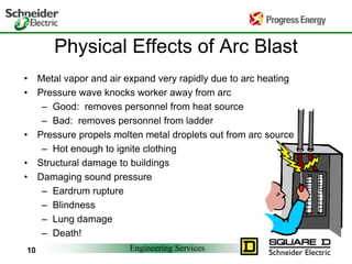 Engineering Services10
Physical Effects of Arc Blast
• Metal vapor and air expand very rapidly due to arc heating
• Pressure wave knocks worker away from arc
– Good: removes personnel from heat source
– Bad: removes personnel from ladder
• Pressure propels molten metal droplets out from arc source
– Hot enough to ignite clothing
• Structural damage to buildings
• Damaging sound pressure
– Eardrum rupture
– Blindness
– Lung damage
– Death!
 