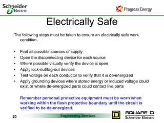 Engineering Services20
Electrically Safe
The following steps must be taken to ensure an electrically safe work
condition.
• Find all possible sources of supply
• Open the disconnecting device for each source
• Where possible visually verify the device is open
• Apply lock-out/tag-out devices
• Test voltage on each conductor to verify that it is de-energized
• Apply grounding devices where stored energy or induced voltage could
exist or where de-energized parts could contact live parts
Remember personal protective equipment must be worn when
working within the flash protective boundary until the circuit is
verified to be de-energized.
 