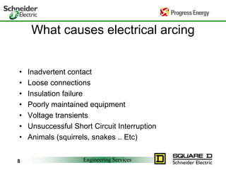 Engineering Services8
What causes electrical arcing
• Inadvertent contact
• Loose connections
• Insulation failure
• Poorly maintained equipment
• Voltage transients
• Unsuccessful Short Circuit Interruption
• Animals (squirrels, snakes .. Etc)
 