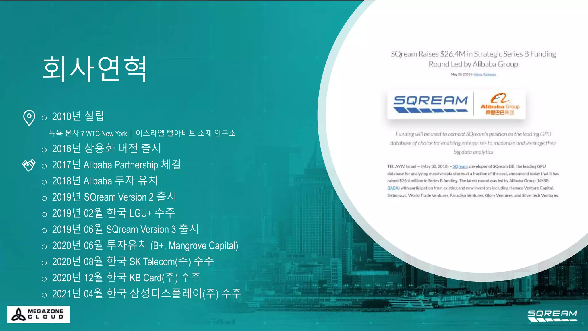 회사연혁
o 2010년 설립
뉴욕 본사 7 WTC New York | 이스라엘 텔아비브 소재 연구소
o 2016년 상용화 버전 출시
o 2017년 Alibaba Partnership 체결
o 2018년 Alibaba 투자 유치
o 2019년 SQream Version 2 출시
o 2019년 02월 한국 LGU+ 수주
o 2019년 06월 SQream Version 3 출시
o 2020년 06월 투자유치 (B+, Mangrove Capital)
o 2020년 08월 한국 SK Telecom(주) 수주
o 2020년 12월 한국 KB Card(주) 수주
o 2021년 04월 한국 삼성디스플레이(주) 수주
 