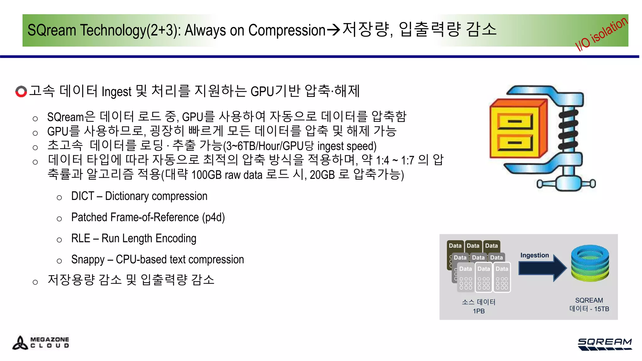 SQream Technology(2+3): Always on Compression저장량, 입출력량 감소
고속 데이터 Ingest 및 처리를 지원하는 GPU기반 압축∙해제
o SQream은 데이터 로드 중, GPU를 사용하여 자동으로 데이터를 압축함
o GPU를 사용하므로, 굉장히 빠르게 모든 데이터를 압축 및 해제 가능
o 초고속 데이터를 로딩 ∙ 추출 가능(3~6TB/Hour/GPU당 ingest speed)
o 데이터 타입에 따라 자동으로 최적의 압축 방식을 적용하며, 약 1:4 ~ 1:7 의 압
축률과 알고리즘 적용(대략 100GB raw data 로드 시, 20GB 로 압축가능)
o DICT – Dictionary compression
o Patched Frame-of-Reference (p4d)
o RLE – Run Length Encoding
o Snappy – CPU-based text compression
o 저장용량 감소 및 입출력량 감소
소스 데이터
1PB
Data Data Data
Data Data Data
Data Data Data
SQREAM
데이터 - 15TB
Ingestion
 
