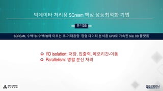 빅데이타 처리용 SQream 핵심 성능최적화 기법
SQREAM, 수백TB~수백PB에 이르는 초-거대용량 정형 데이터 분석용 GPU로 가속된 SQL DB 플랫폼
분석DB
I/O isolation: 저장, 입출력, 메모리간-이동
Parallelism: 병렬 분산 처리
 