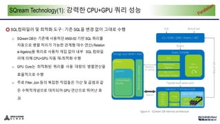 SQream Technology(1): 강력한 CPU+GPU 쿼리 성능
SQL컴파일러 및 최적화 도구 : 기존 SQL을 변경 없이 그대로 수행
o SQream DB는 기존에 사용하던 ANSI-92 기반 SQL 쿼리를
자동으로 병렬 처리가 가능한 관계형 대수 연산( Relation
al Algebra)용 쿼리로 사용자 개입 없이 내부 SQL 컴파일
러에 의해 CPU+GPU 자동 재-최적화 수행
o GPU Core는 최적화된 쿼리를 사용 대량의 병렬연산을
효율적으로 수행
o 주로 Filter, Join 등의 복잡한 작업들은 가산 및 곱셈과 같
은 수학적개념으로 대치되어 GPU 연산으로 뛰어난 효
과
 