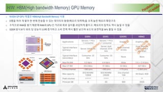 H/W: HBM(High bandwidth Memory) GPU Memory
o NVIDIA GP-GPU 계열은 HBM(High Bandwidth Memory) 사용
o D램을 여러 개 쌓아 한 번에 전송할 수 있는 데이터의 용량(메모리 대역폭)을 크게 늘린 메모리 확장구조
o 수직으로 RAM을 쌓기 때문에 RAM과 GPU 간 거리와 회로 길이를 과감하게 줄이고, 메모리의 집적도 역시 높일 수 있음
o GDDR 방식보다 와트 당 성능이 3.5배 증가하고 소비 전력 역시 훨씬 낮으며 보드의 표면적을 94% 줄일 수 있음
 