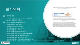 회사연혁
o 2010년 설립
뉴욕 본사 7 WTC New York | 이스라엘 텔아비브 소재 연구소
o 2016년 상용화 버전 출시
o 2017년 Alibaba Partnership 체결
o 2018년 Alibaba 투자 유치
o 2019년 SQream Version 2 출시
o 2019년 02월 한국 LGU+ 수주
o 2019년 06월 SQream Version 3 출시
o 2020년 06월 투자유치 (B+, Mangrove Capital)
o 2020년 08월 한국 SK Telecom(주) 수주
o 2020년 12월 한국 KB Card(주) 수주
o 2021년 04월 한국 삼성디스플레이(주) 수주
 