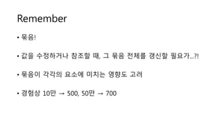 Remember
• 묶음!
• 값을 수정하거나 참조할 때, 그 묶음 전체를 갱신할 필요가...?!
• 묶음이 각각의 요소에 미치는 영향도 고려
• 경험상 10만 → 500, 50만 → 700
 