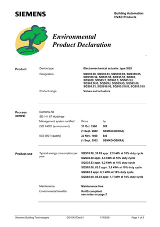 Building Automation
HVAC Products

Environmental
Product Declaration

Electromechanical actuator, type SQS
SQS35.00, SQS35.03, SQS359.03, SQS359.05,
SQS359.54, SQS35.50, SQS35.53, SQS65,
SQS659, SQS65.2, SQS65.5, SQS65.5U,
SQS65.5UG, SQS65U, SQS65UG, SQS85.00,
SQS85.03, SQS859.00, SQS85.53UG, SQS85.53U

Product range

Process
control

Device type
Designation

Product

Valves and actuators

Siemens AB
SE-141 87 Huddinge
Management system certified

Since

by

ISO 14001 (environment)

31 Oct. 1996

SIS

(1 Sept. 2002

SEMKO-DEKRA)

23 Nov. 1988

SIS

(1 Sept. 2002

SEMKO-DEKRA)

ISO 9001 (quality)

Product use

Typical energy consumption per
year

SQS35.00, 35.03 appr. 2,2 kWh at 10% duty cycle
SQS35.50 appr. 4,4 kWh at 10% duty cycle
SQS35.53 appr. 5,2 kWh at 10% duty cycle
SQS65.00, 65.2 appr. 3,9 kWh at 10% duty cycle
SQS65.5 appr. 6,1 kWh at 10% duty cycle
SQS85.00, 85.03 appr. 1,7 kWh at 10% duty cycle

Maintenance

Maintenance free

Environmental benefits

RoHS compliant
see notes on page 2

Siemens Building Technologies

CE1E4573en01

17/03/09

Page 1 of 5

 