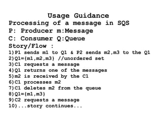 Usage Guidance
Processing of a message in SQS
P: Producer m:Message
C: Consumer Q:Queue
Story/Flow :
1)P1 sends m1 to Q1 & P2 sends m2,m3 to the Q1
2)Q1={m1,m2,m3} //unordered set
3)C1 requests a message
4)Q1 returns one of the messages
5)m2 is received by the C1
6)C1 processes m2
7)C1 deletes m2 from the queue
8)Q1={m1,m3}
9)C2 requests a message
10)...story continues...
 
