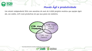 Mundo Ágil e produtividade
Um estudo independente feito com amostras de mais de 8.000 projetos mostrou que equipes ágeis
são, em média, 25% mais produtivas do que seus pares da indústria.
http://www.deltamatrix.com/why-are-agile-teams-25-more-productive
9
 
