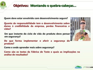 Objetivos:Objetivos: Montando o quebra-cabeças...Montando o quebra-cabeças...
Quem deve estar envolvido com desenvolvimento seguro?
Quanto de responsabilidade tem o desenvolvimento sobre
danos à credibilidade da empresa, perdas financeiras e
vidas?
De que forma implementar e aferir a segurança do
produto?
Como e onde aprender mais sobre segurança?
Como são os testes da Fábrica de Teste e quais as implicações na
análise de resultados?
Em que instante do ciclo de vida do produto devo pensar
em segurança?
 