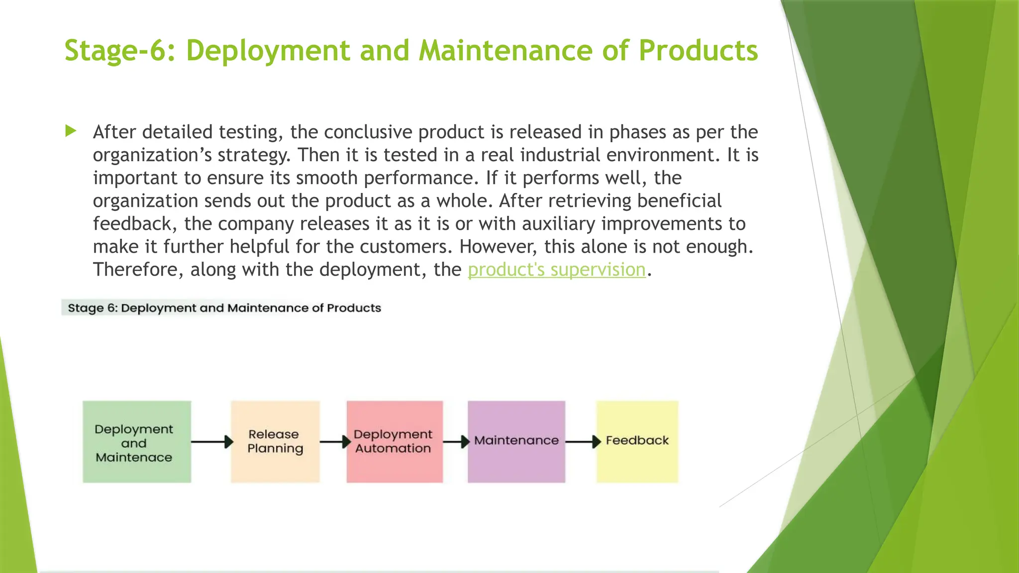 Stage-6: Deployment and Maintenance of Products
 After detailed testing, the conclusive product is released in phases as per the
organization’s strategy. Then it is tested in a real industrial environment. It is
important to ensure its smooth performance. If it performs well, the
organization sends out the product as a whole. After retrieving beneficial
feedback, the company releases it as it is or with auxiliary improvements to
make it further helpful for the customers. However, this alone is not enough.
Therefore, along with the deployment, the product's supervision.
 