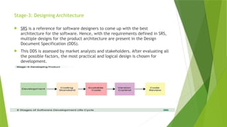 Stage-3: Designing Architecture
 SRS is a reference for software designers to come up with the best
architecture for the software. Hence, with the requirements defined in SRS,
multiple designs for the product architecture are present in the Design
Document Specification (DDS).
 This DDS is assessed by market analysts and stakeholders. After evaluating all
the possible factors, the most practical and logical design is chosen for
development.
 