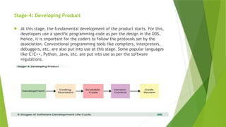 Stage-4: Developing Product
 At this stage, the fundamental development of the product starts. For this,
developers use a specific programming code as per the design in the DDS.
Hence, it is important for the coders to follow the protocols set by the
association. Conventional programming tools like compilers, interpreters,
debuggers, etc. are also put into use at this stage. Some popular languages
like C/C++, Python, Java, etc. are put into use as per the software
regulations.
 