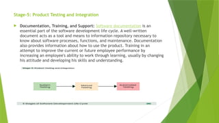 Stage-5: Product Testing and Integration
 Documentation, Training, and Support: Software documentation is an
essential part of the software development life cycle. A well-written
document acts as a tool and means to information repository necessary to
know about software processes, functions, and maintenance. Documentation
also provides information about how to use the product. Training in an
attempt to improve the current or future employee performance by
increasing an employee's ability to work through learning, usually by changing
his attitude and developing his skills and understanding.
 