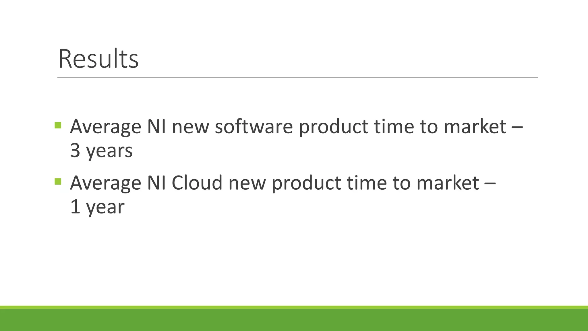Results
 Average NI new software product time to market –
3 years
 Average NI Cloud new product time to market –
1 year
 
