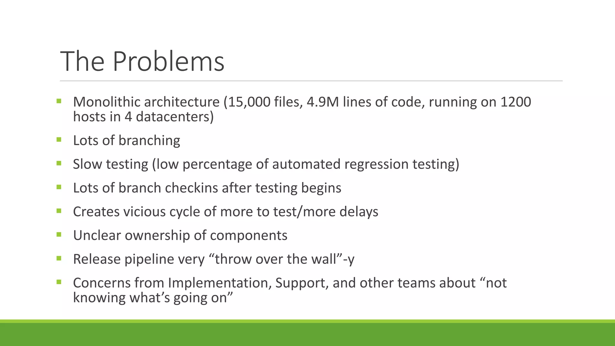 The Problems
 Monolithic architecture (15,000 files, 4.9M lines of code, running on 1200
hosts in 4 datacenters)
 Lots of branching
 Slow testing (low percentage of automated regression testing)
 Lots of branch checkins after testing begins
 Creates vicious cycle of more to test/more delays
 Unclear ownership of components
 Release pipeline very “throw over the wall”-y
 Concerns from Implementation, Support, and other teams about “not
knowing what’s going on”
 