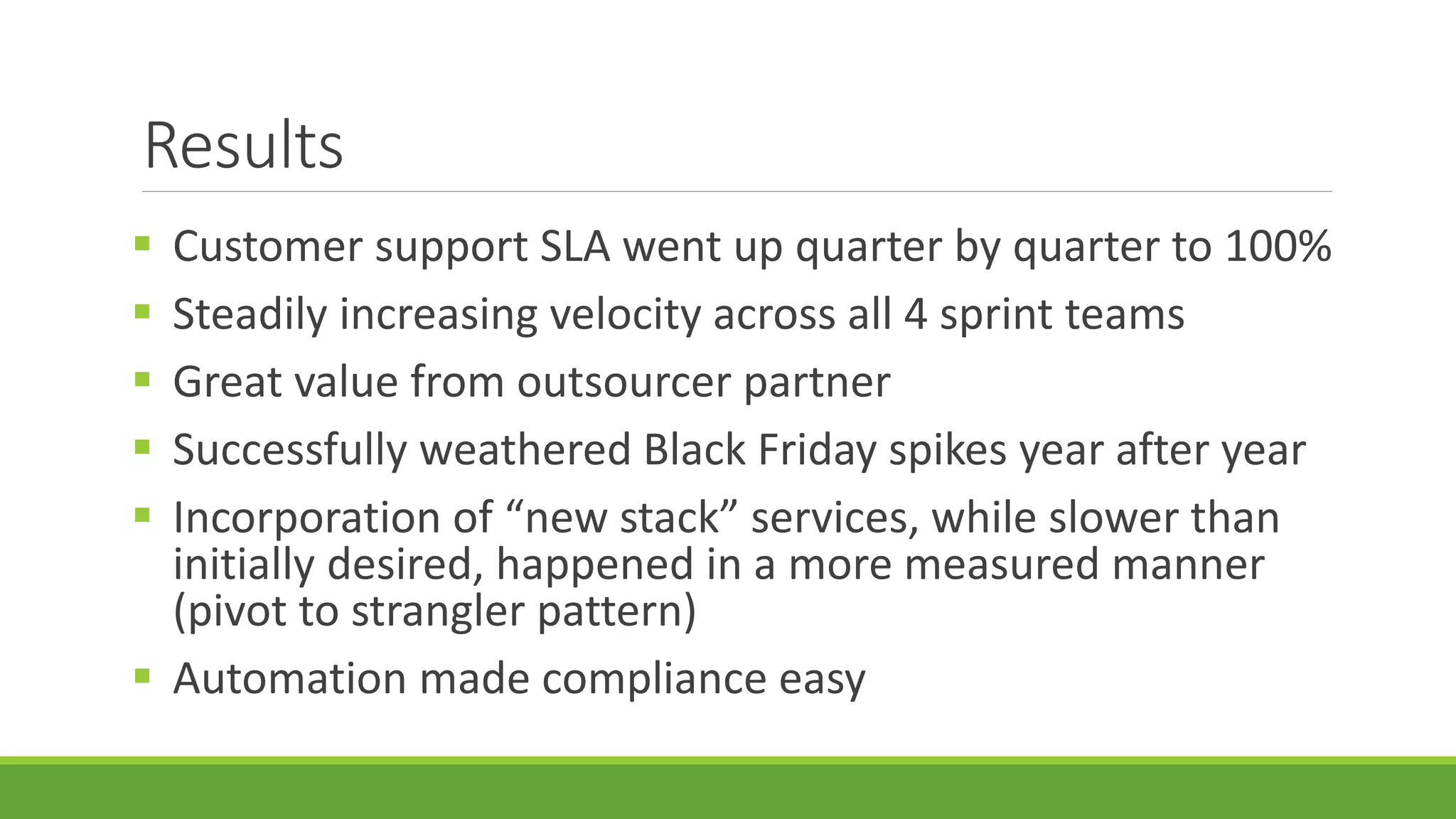 Results
 Customer support SLA went up quarter by quarter to 100%
 Steadily increasing velocity across all 4 sprint teams
 Great value from outsourcer partner
 Successfully weathered Black Friday spikes year after year
 Incorporation of “new stack” services, while slower than
initially desired, happened in a more measured manner
(pivot to strangler pattern)
 Automation made compliance easy
 