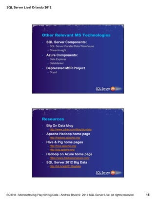 SQL Server Live! Orlando 2012




                            Other Relevant MS Technologies
                            •   SQL Server Components:
                                – SQL Server Parallel Data Warehouse
                                – StreamInsight
                            •   Azure Components:
                                – Data Explorer
                                – DataMarket
                            •   Deprecated MSR Project
                                – Dryad




                            Resources
                            •   Big On Data blog
                                – http://www.zdnet.com/blog/big-data
                            •   Apache Hadoop home page
                                – http://hadoop.apache.org/
                            •   Hive & Pig home pages
                                – http://hive.apache.org/
                                – http://pig.apache.org/
                            •   Hadoop on Azure home page
                                – https://www.hadooponazure.com/
                            •   SQL Server 2012 Big Data
                                – http://bit.ly/sql2012bigdata




SQTH8 - Microsoft's Big Play for Big Data - Andrew Brust © 2012 SQL Server Live! All rights reserved.   15
 