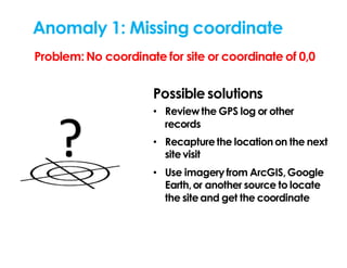 Anomaly 1: Missing coordinate
Problem: No coordinate for site or coordinate of 0,0
Possible solutions
• Reviewthe GPS log ...
