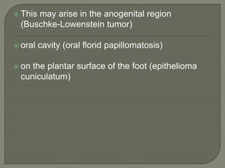  This may arise in the anogenital region
(Buschke-Lowenstein tumor)
 oral cavity (oral florid papillomatosis)
 on the plantar surface of the foot (epithelioma
cuniculatum)
 