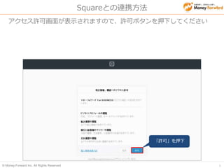 © Money Forward Inc. All Rights Reserved 6
Squareとの連携方法
アクセス許可画面が表示されますので、許可ボタンを押下してください
「許可」を押下
 