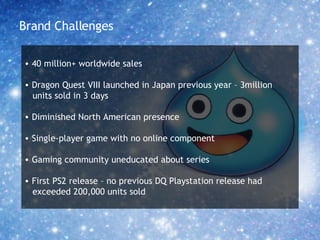 Brand Challenges 40 million+ worldwide sales Dragon Quest VIII launched in Japan previous year – 3million  units sold in 3 days Diminished North American presence Single-player game with no online component Gaming community uneducated about series First PS2 release – no previous DQ Playstation release had  exceeded 200,000 units sold 