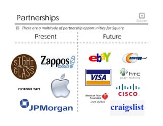Partnerships
 There are a multitude of partnership opportunities for Square

        Present                                  Future
 