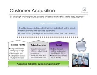 Customer Acquisition
    Through wide exposure, Square targets anyone that seeks easy payment

                                 Target Customer
          Small businesses, independent workers, individuals selling goods
          Market: anyone who accepts payments
         SSquare’s C t gaining customer awareness + free card reader
                  ’ Cost:     i i    t                   f         d    d




  Selling Points       Advertisement                  Retail
 Easy convenient      Social media and        Selling through
  everyday usage        internet advertising
                                           g     online registration
                                                           g
 No surprise fees     Traditional              and Apple stores
 Adaptable across      mediums with max        Follows razor blade
  multiple devices      exposure/min cost        retail model


        Acquiring 100,000+ customers per month
                                                                              6
 