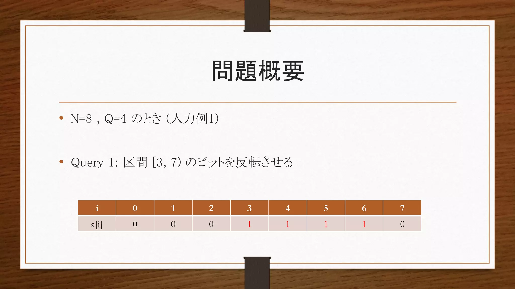 問題概要
• N=8 , Q=4 のとき (入力例1)
• Query 1: 区間 [3, 7) のビットを反転させる
i 0 1 2 3 4 5 6 7
a[i] 0 0 0 1 1 1 1 0
 