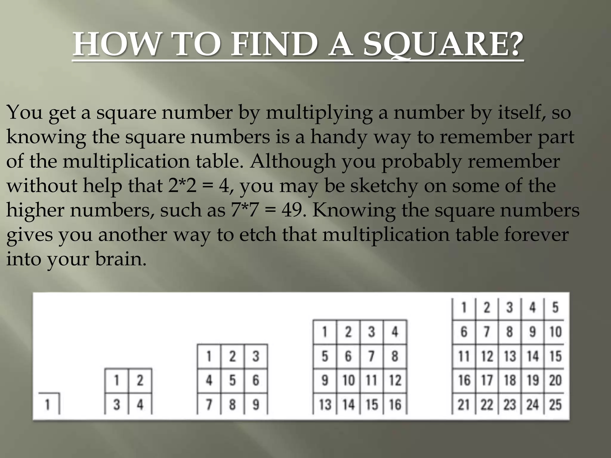HOW TO FIND A SQUARE?
You get a square number by multiplying a number by itself, so
knowing the square numbers is a handy way to remember part
of the multiplication table. Although you probably remember
without help that 2*2 = 4, you may be sketchy on some of the
higher numbers, such as 7*7 = 49. Knowing the square numbers
gives you another way to etch that multiplication table forever
into your brain.
 
