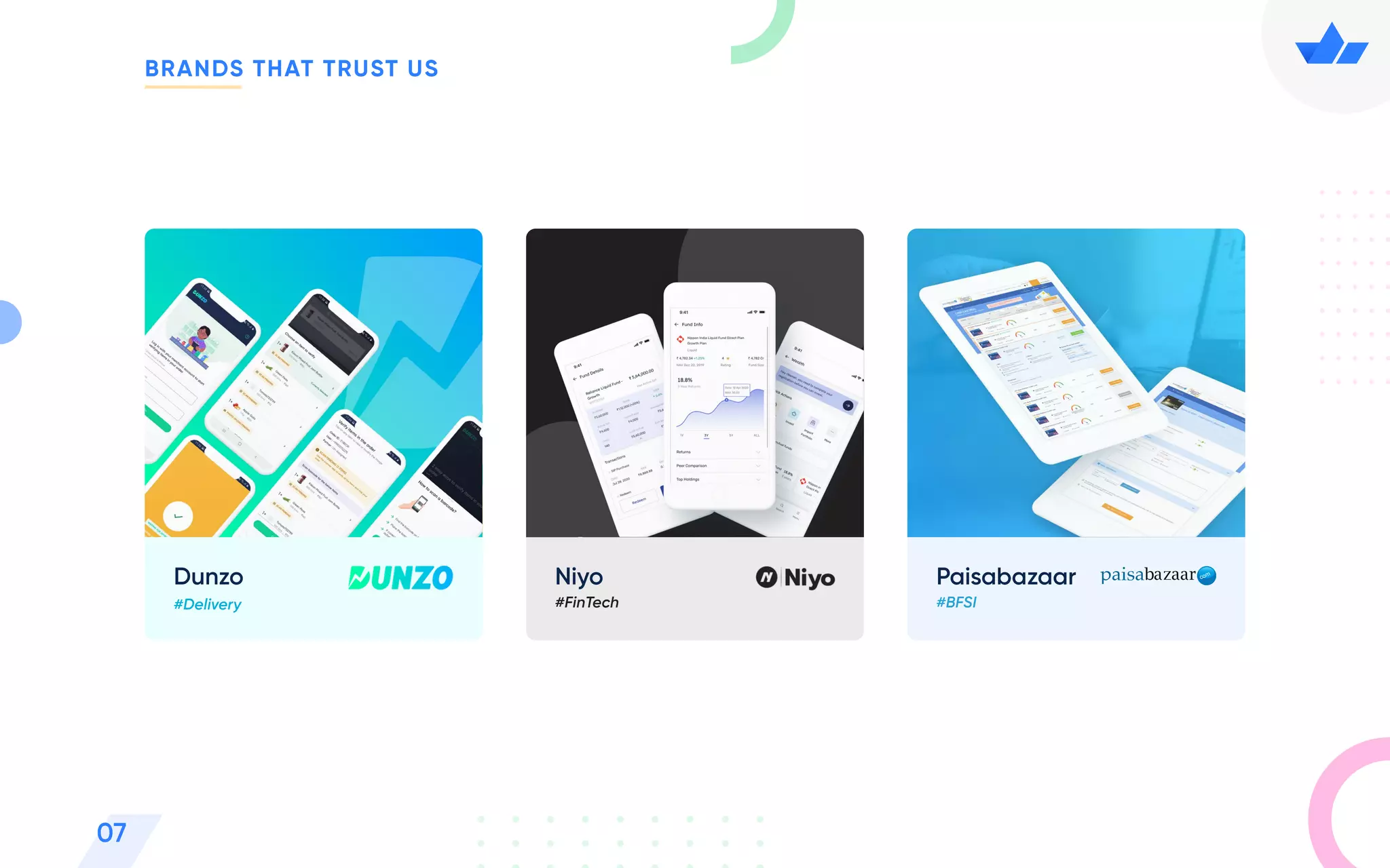 BRANDS THAT TRUST US
07
Dunzo
#Delivery
Paisabazaar
#BFSI
com
Niyo
#FinTech