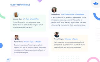 It was a pleasure to work with SquareBoat. Firstly
the passion was very evident. The quality of
people in his team are very high caliber. The level
of ownership from start to ﬁnish was tremendous
Gaurav is capable of wearing many hats
beyond a “CTO” or “Product Head” and often
provides refreshing perspective to all sorts of
business challenges
He is punctual, extremely professional and
competent- a combination of skills that are
rare to ﬁnd in any technical consultant
I hired Gaurav for lots of reasons, none
better than his attitude. He brings a ton of
positive energy in the team
Radika Binani
Manuk Verma
Anirudh Gupta
Virender Bisht
Chief Product Officer @PaisaBazaar
Director @Kyor / E-Meditek
Cofounder @Tripoto
VP - Tech @MakeMyTrip
15
CLIENT TESTIMONIALS
 