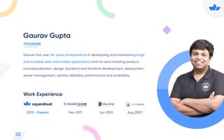 Gaurav Gupta
Work Experience
Gaurav has over 14+ years of experience in developing and maintaining large
and scalable web and mobile applications end-to-end including product
conceptualization, design, backend and frontend development, deployment,
server management, uptime, reliability, performance and scalability.
2013 - Present Nov 2011 Jun 2010 Aug 2007
FOUNDER
02
 