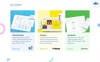 06
KEY CLIENTS
iDreamCareer
Helps students ﬁnd a suitable
career. Handling assessments and
counselling at massive scale for
govt. schools in India
#Education
Inlingua
Improves your communication
skills. We redesigned the entire
website & signiﬁcantly improved
their conversion rate
#Education
Jamboree
Jamboree is one of the most
trusted institute in India for
GMAT/ GRE/ SAT/ IELTS/ TOEFL
preparation
#EdTech
 