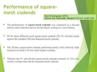 Performance of square-
mesh codends 
 The performance of square-mesh codends was examined as a discard
and by-catch reduction device for the Shark, scallop etc. trawl fishery.
 Of the three different-sized square-mesh codends (50, 55, 60 mm) tested
against the standard 100-mm diamond-mesh codends,
 The 50-mm square-mesh codends performed poorly with relatively high
retention of small (<85 mm shell height) scallops,
 Whereas the 55- and 60-mm square-mesh codends retained 22–33% less
smaller scallops than did the diamond-mesh codends.
 